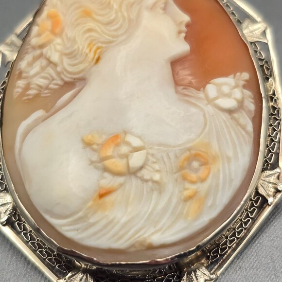 Antique 14K White Gold Cameo Brooch/Pendant 2" Filigree Frame 13.72g 44x36mm - Picture 5 of 16